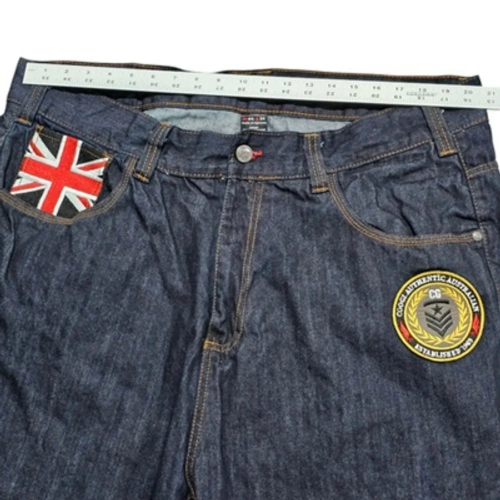 COOGI Men's Jeans W44 L34 Dark Wash Denim Relaxed Fit Embroidered Patch Flag Y2K